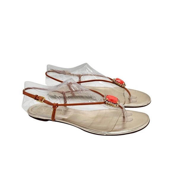 VTG Valentino Gold Thong Flat Sandals Sz.10 Coral Rhinestones Boho Designer - Picture 5 of 16